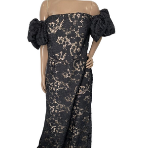 NEW RENE RUIZ Gown Black Nude Size 14 Off The Shoulder Floral Long Formal